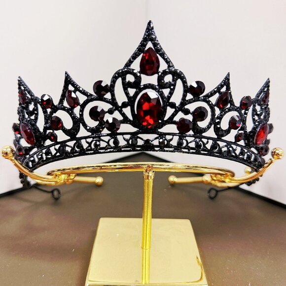 Ruby Crystal Tiara, Black Crown, Princess Tiara, Goth Headband, Red Stone Crown